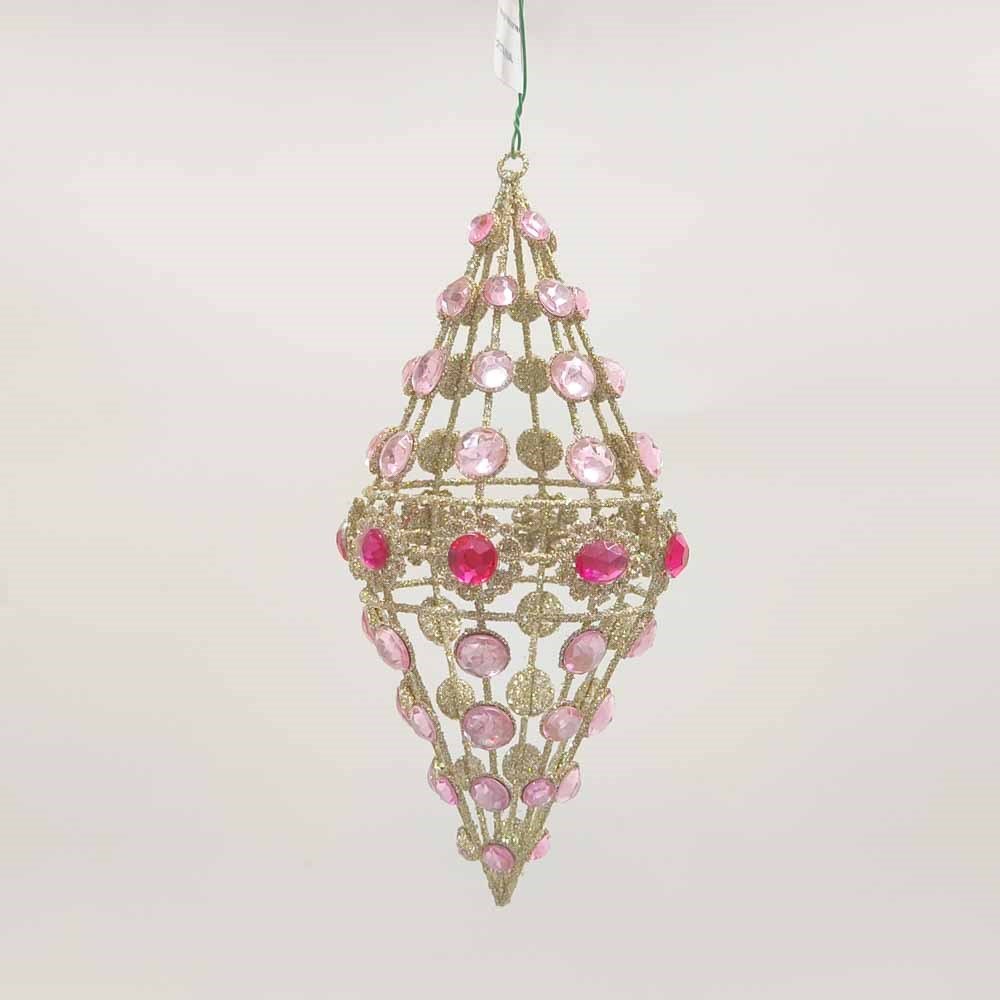 Farrisilk 7.5 inch Hot Pink and Light Pink Crystal Finial Ornament with faceted pink gemstones and sparkling gold detailing for Christmas décor.