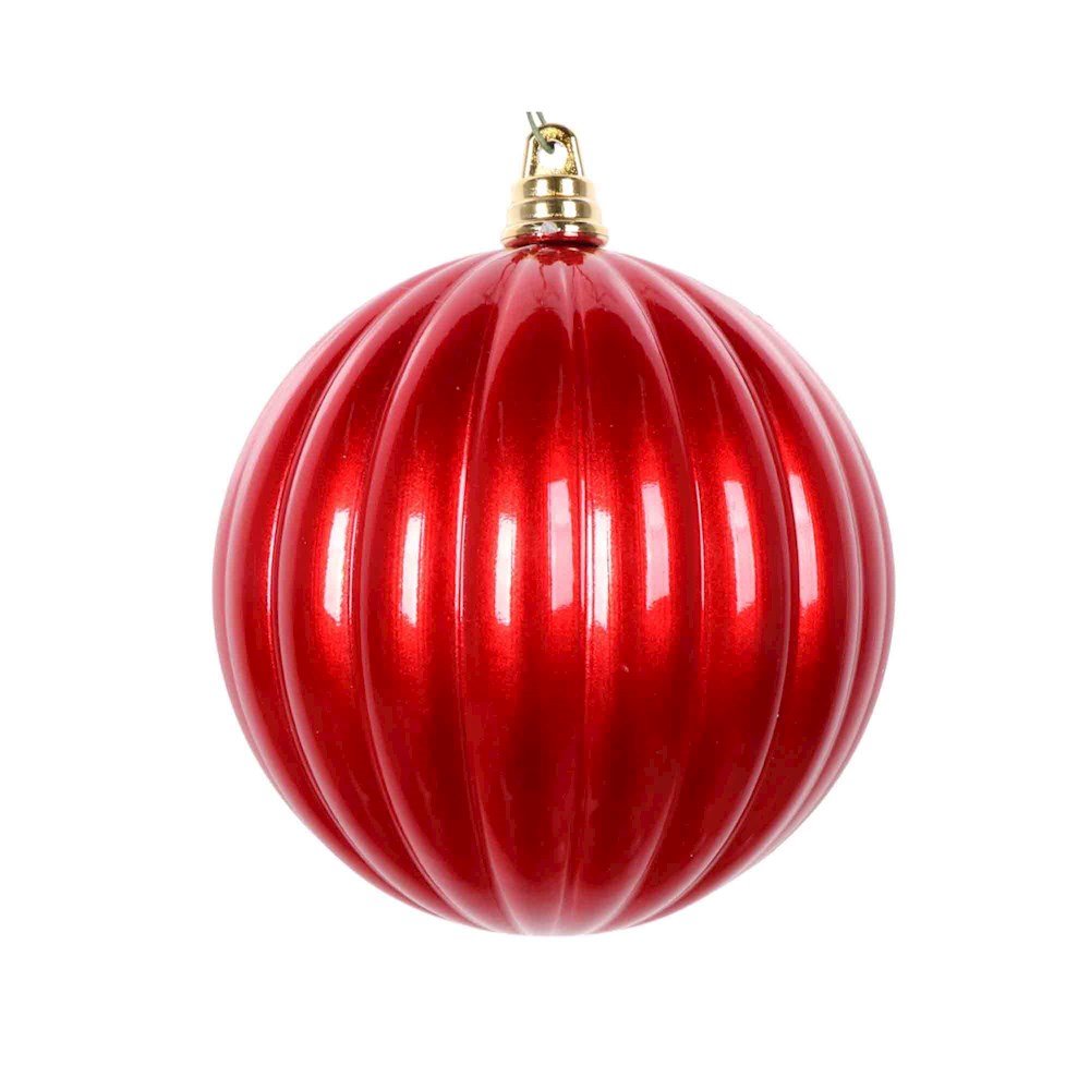Farrisilk 4 inch Red Candy Apple Pleated Ornament with a glossy finish and dimensional ribbed design for Christmas trees, wreaths and holiday décor.