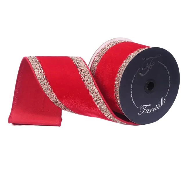 Farrisilk 4 inch x 5 yard red plush velvet wired ribbon with topaz jeweled trim for luxury wreath bows, Christmas tree toppers, floral arrangements, wedding décor, gift wrapping, and elegant home décor