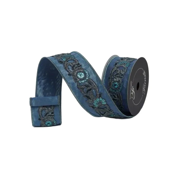 Farrisilk 2.5 inch Steel Blue Versailles Vine wired ribbon with ornate dark vine detailing and blue jeweled floral accents for luxury bows and Christmas décor.