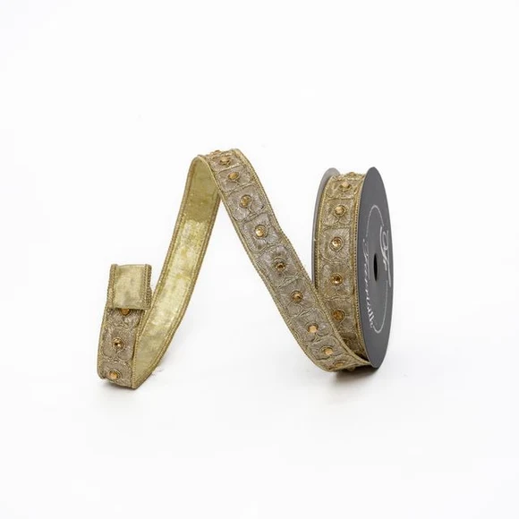 Farrisilk 1 inch Gold Fleurish wired ribbon with ornate metallic embroidery and dimensional gold accents for luxury bows, wreaths and Christmas décor.