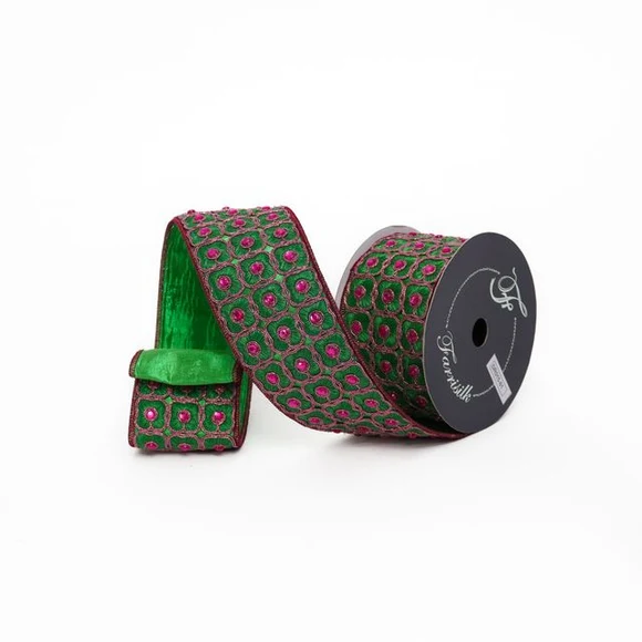 Farrisilk 3 inch Hot Pink and Lime Green Fleurish wired ribbon with ornate embroidered detailing and sparkling pink accents for luxury bows and décor.