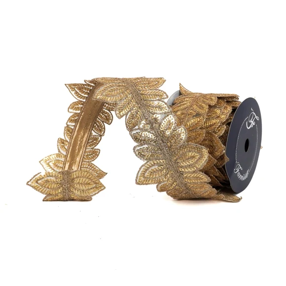 Farrisilk 4 inch Gold Masquerade Vine wired ribbon with dimensional embroidered leaves and shimmering sequins for luxury bows, wreaths and Christmas décor.