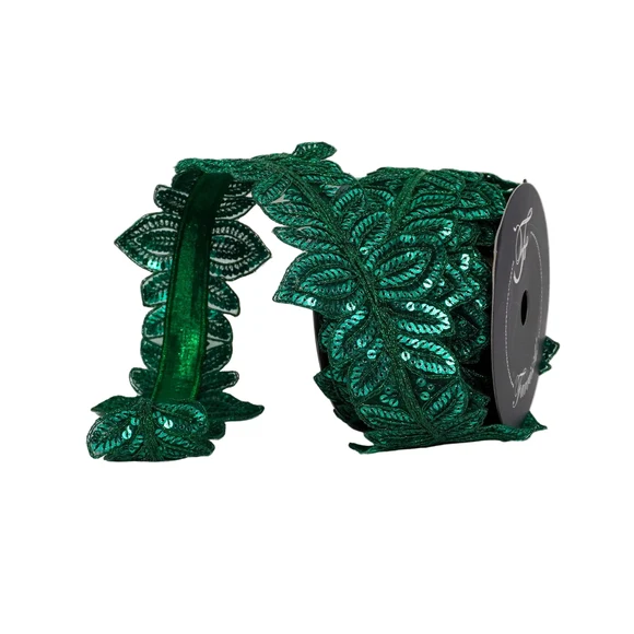 Farrisilk 4 inch Emerald Green Masquerade Vine wired ribbon with dimensional embroidered leaves and shimmering sequins for luxury Christmas bows and décor.