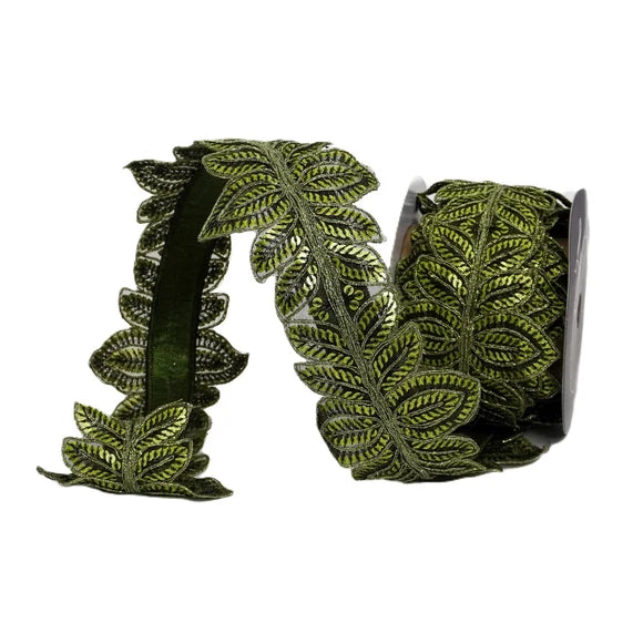 Farrisilk 4 inch Olive Green Masquerade Vine wired ribbon with dimensional embroidered leaves and sequin accents for luxury bows, wreaths and Christmas décor.