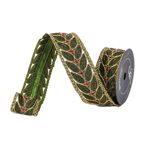 Farrisilk 2.5 inch Gold and Olive Green Laurel Leaf Lace wired ribbon with gold embroidered leaves and red jewel accents for luxury Christmas décor.