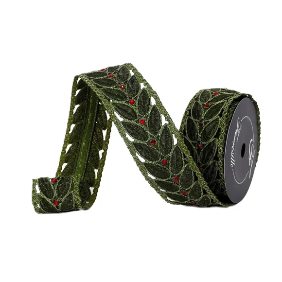Farrisilk 2.5 inch Gold and Olive Green Laurel Leaf Lace wired ribbon with embroidered leaves and red jewel berry accents for luxury Christmas décor.