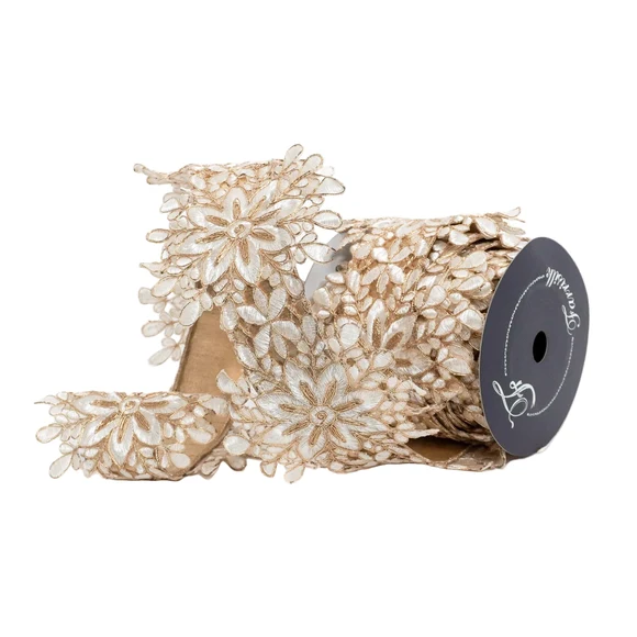 Farrisilk 5.5 inch Ivory and Gold Snowflake Lace wired ribbon with dimensional openwork snowflakes and metallic gold detailing for luxury Christmas décor.