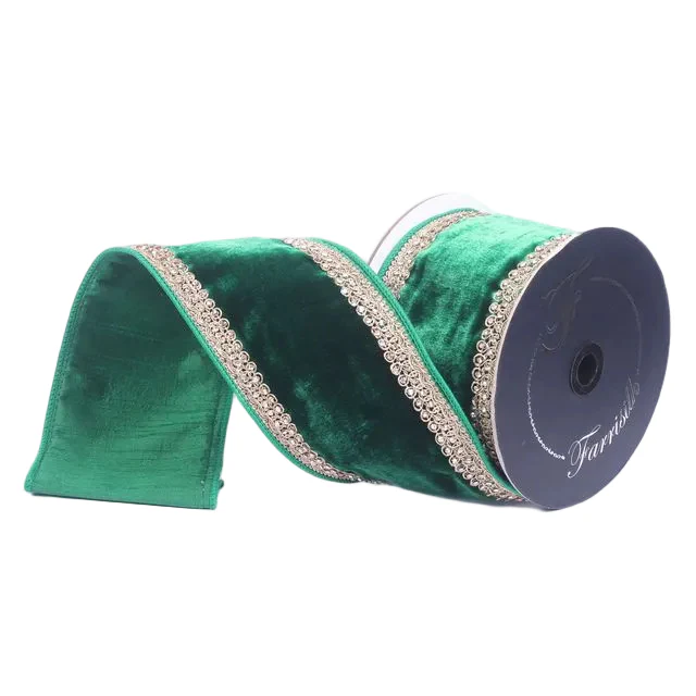 Farrisilk 4 inch x 5 yard emerald green plush velvet wired ribbon with topaz jeweled trim for luxury wreath bows, Christmas tree toppers, floral arrangements, winter weddings, gift wrapping, and elegant home décor