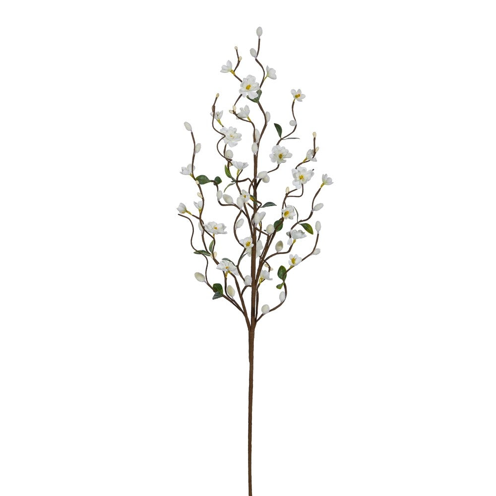 Artificial flower branch with white flowers on a white background