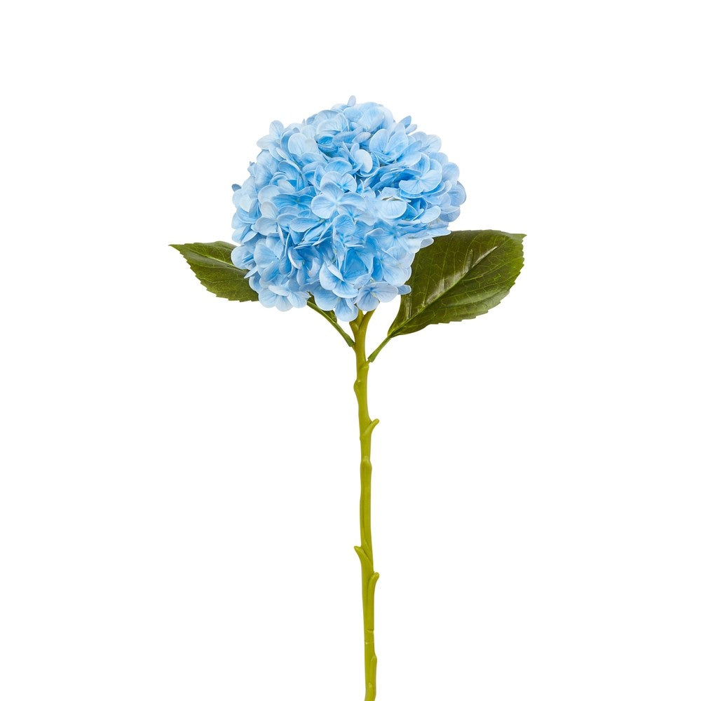 Artificial blue hydrangea flower with green leaves on a white background