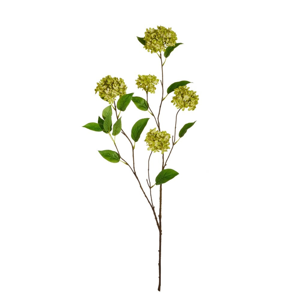 Artificial green hydrangea stem on a white background
