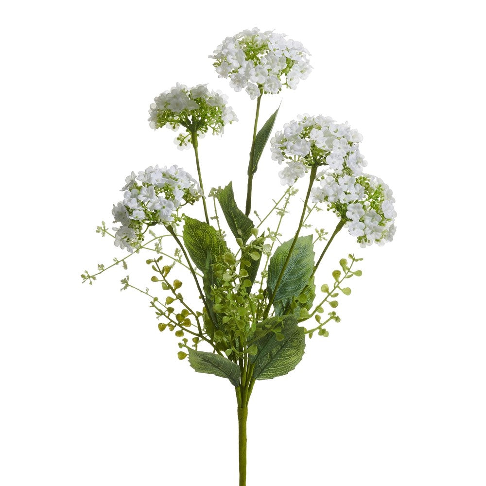 Artificial flower arrangement with white flowers and green leaves on a white background