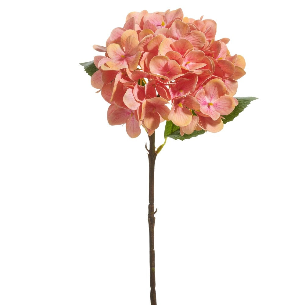 Artificial coral hydrangea flower stem on a white background