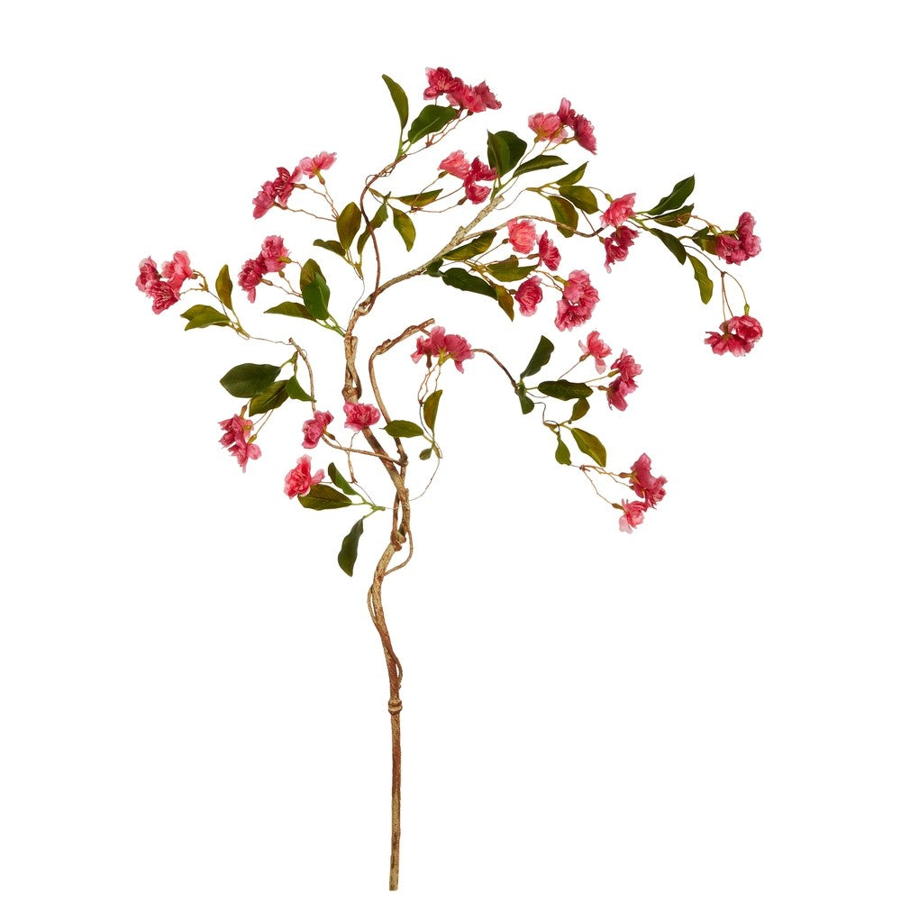 Artificial cherry blossom branch with pink flowers on a white background