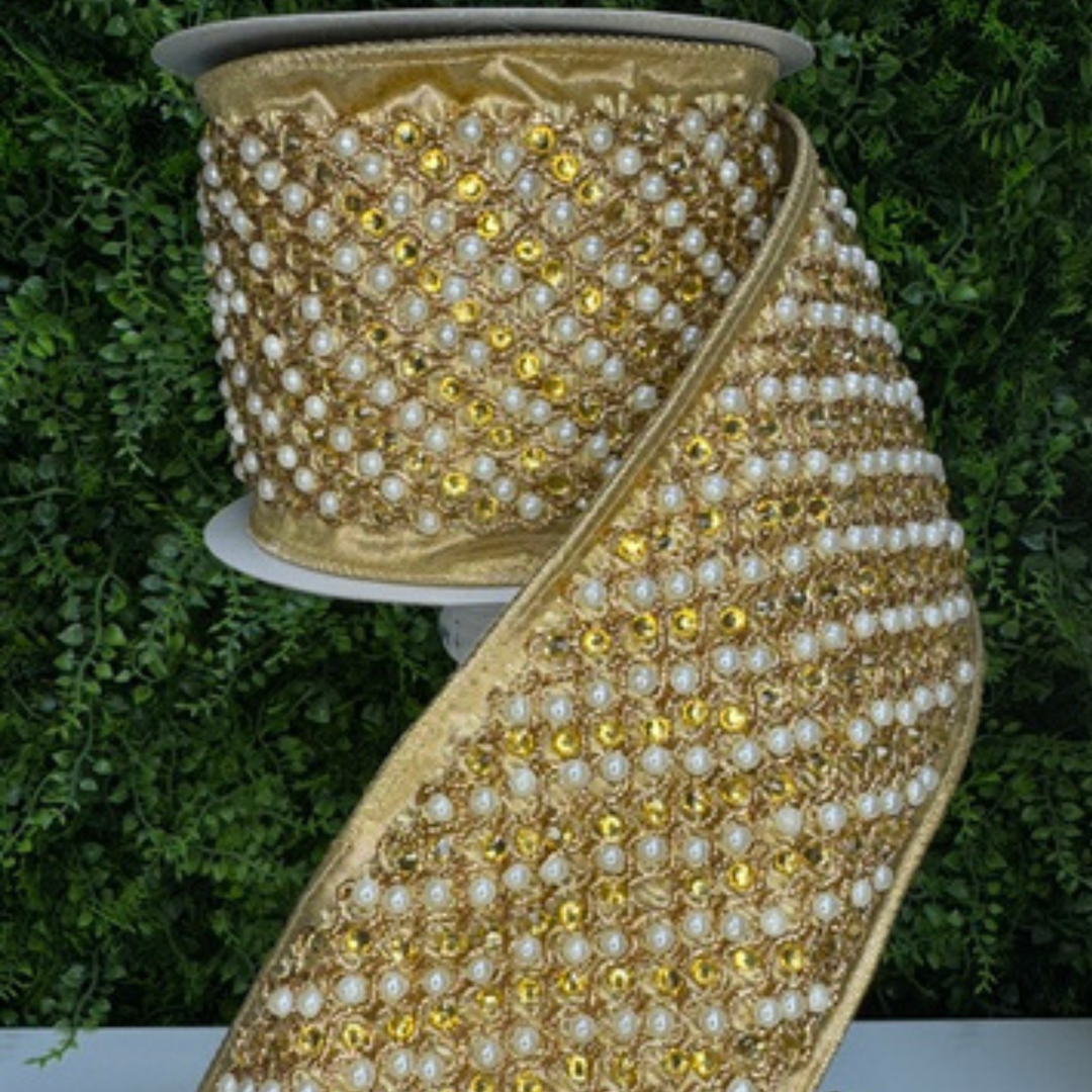 Vickerman 4 inch gold wired ribbon featuring diagonal pearl accents and crystal-inspired jewels on shimmering metallic gold fabric, perfect for luxury bows, wreaths, Christmas trees, garlands, floral arrangements, weddings, and elegant home décor.