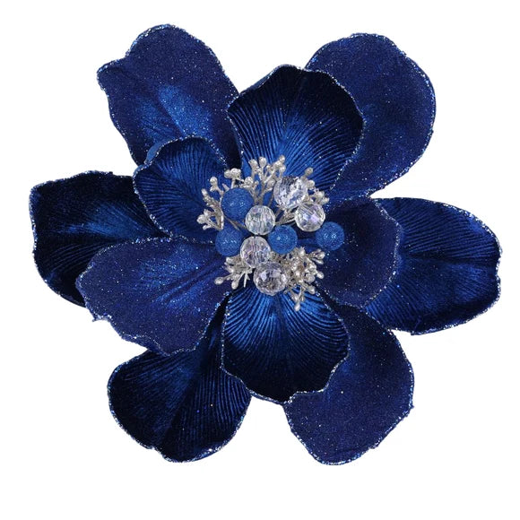 Farrisilk 10-inch navy blue Grand Magnolia stem with oversized layered petals, sparkling trim, pearls and crystal-like jeweled center for Christmas décor.