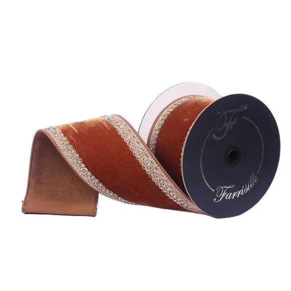 Farrisilk 4 inch x 5 yard pecan brown plush Topaz wired ribbon with jeweled edges for Fall wreaths, Thanksgiving décor, Christmas bows, floral arrangements, and luxury home décor.
