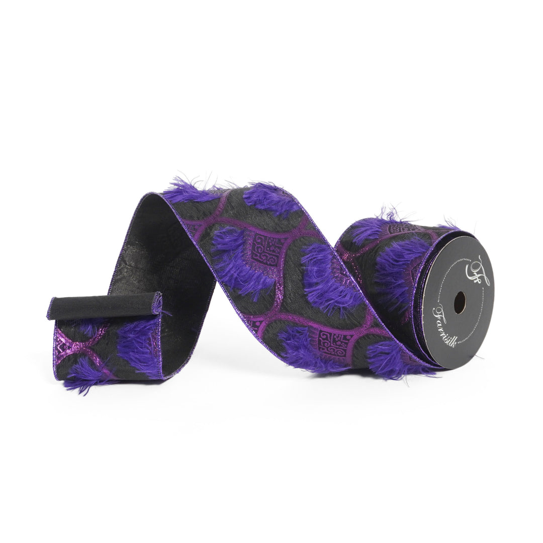 Purple and black patterned wired ribbon on a white background
