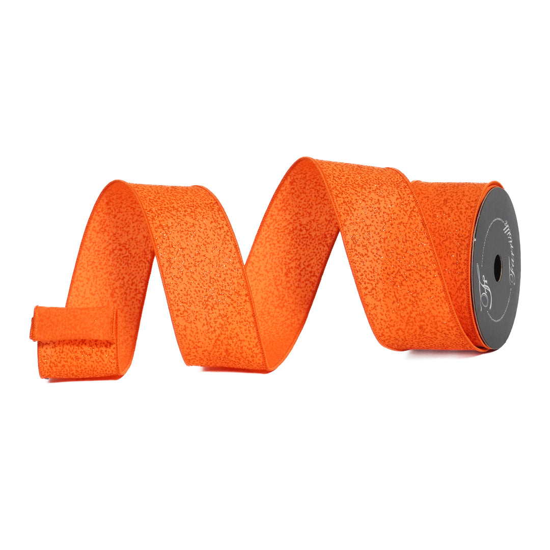 Orange textured ribbon with a black spool on a white background