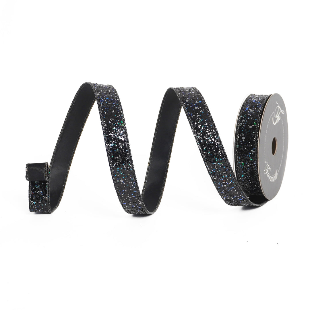 Black glitter ribbon with a clip on a white background