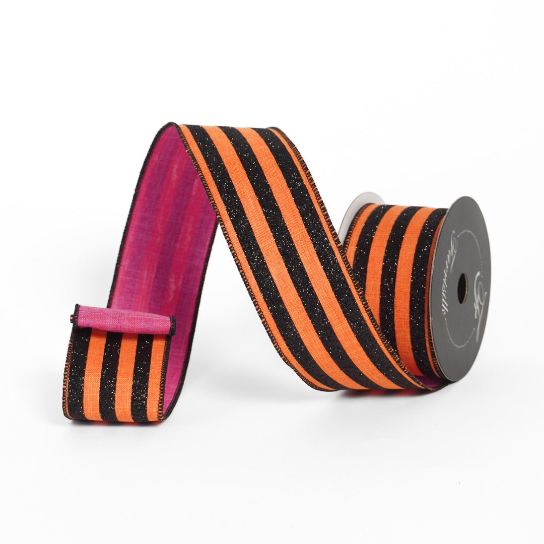 Striped ribbon with orange, and black stripes iwth a pink back on a white background