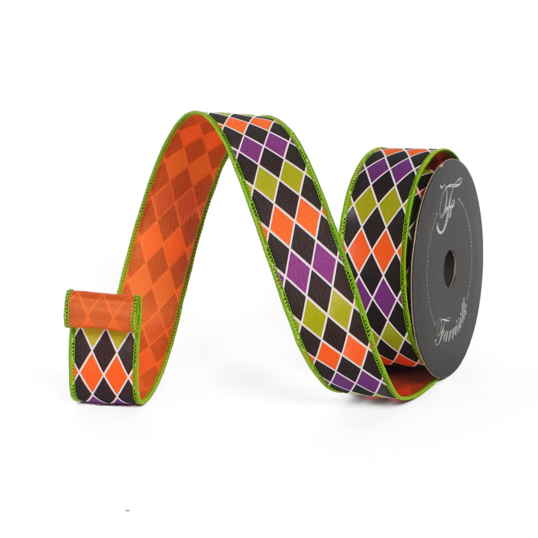 Harlequin patterned ribbon on a spool with visible brand name.