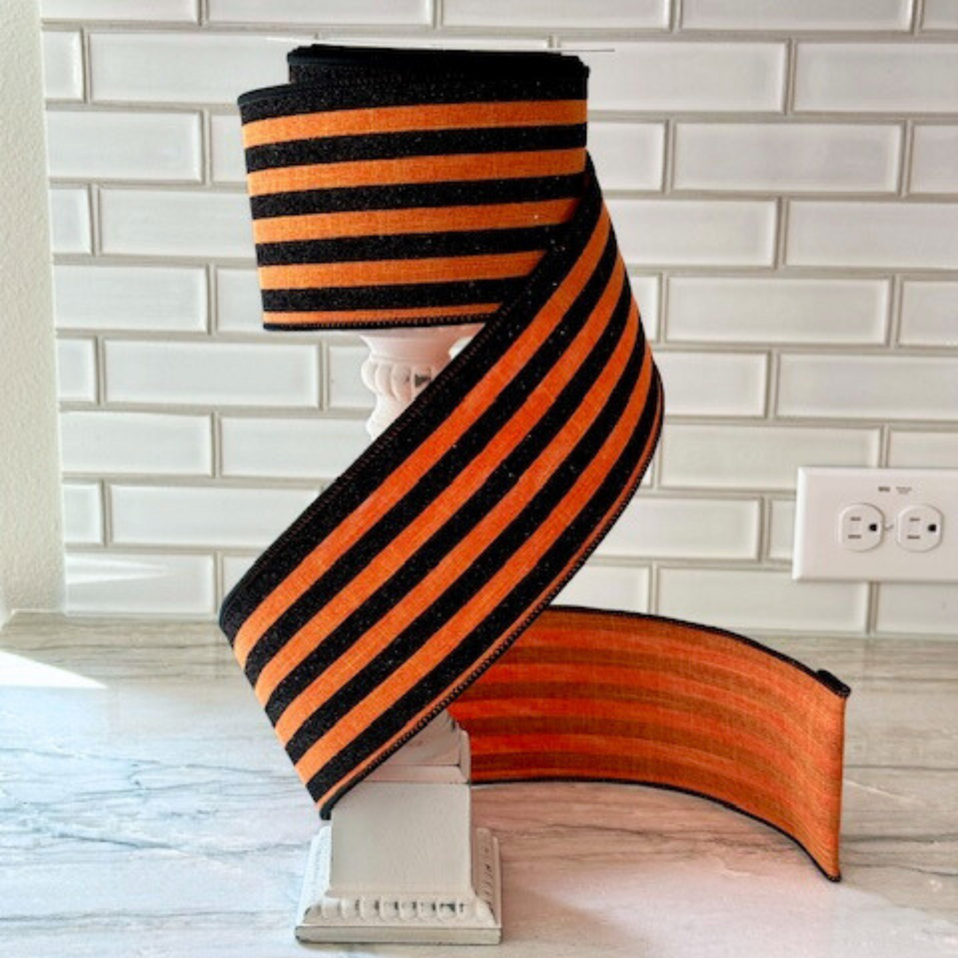DC Exclusive - Farrisilk 4" x 10 YD Orange with Black Glitter Stripes Wired Ribbon