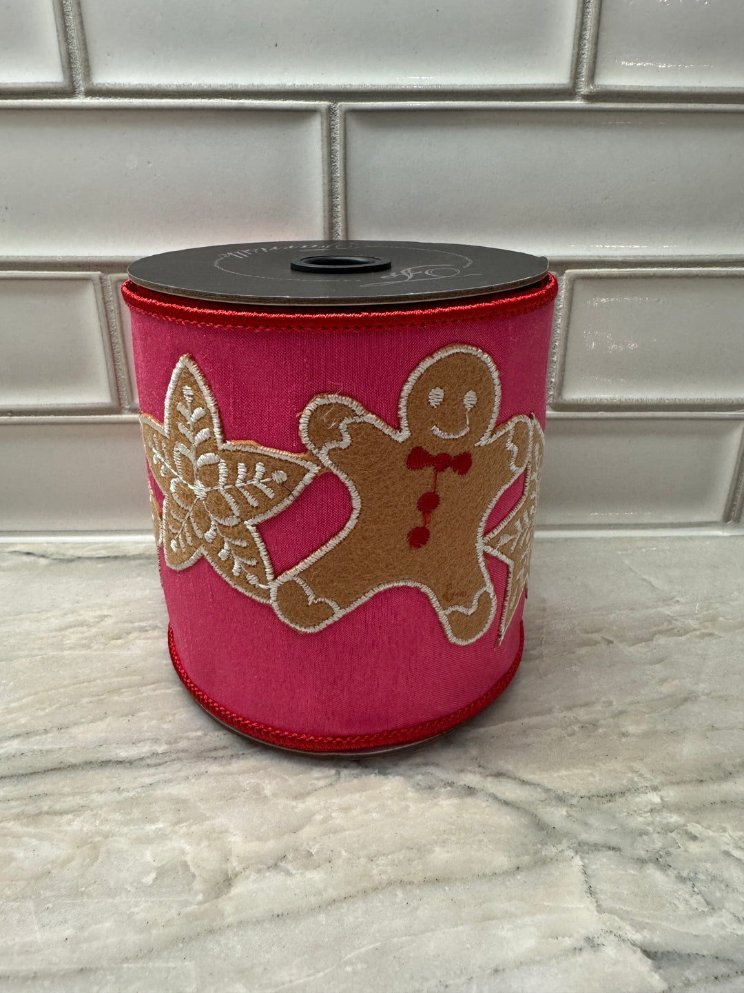 DC Exclusive - Farrisilk 4" x 5 YD Happy Cookies Embroidered Gingerbread Wired Ribbon in Hot Pink and Red edge and back