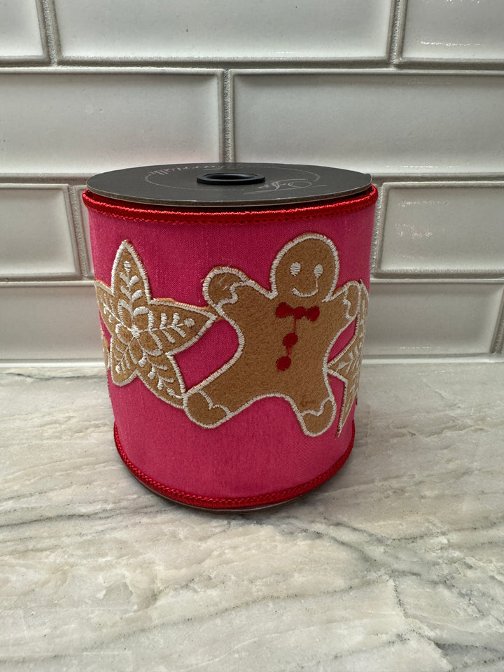 DC Exclusive - Farrisilk 4" x 5 YD Happy Cookies Embroidered Gingerbread Wired Ribbon in Hot Pink and Red edge and back