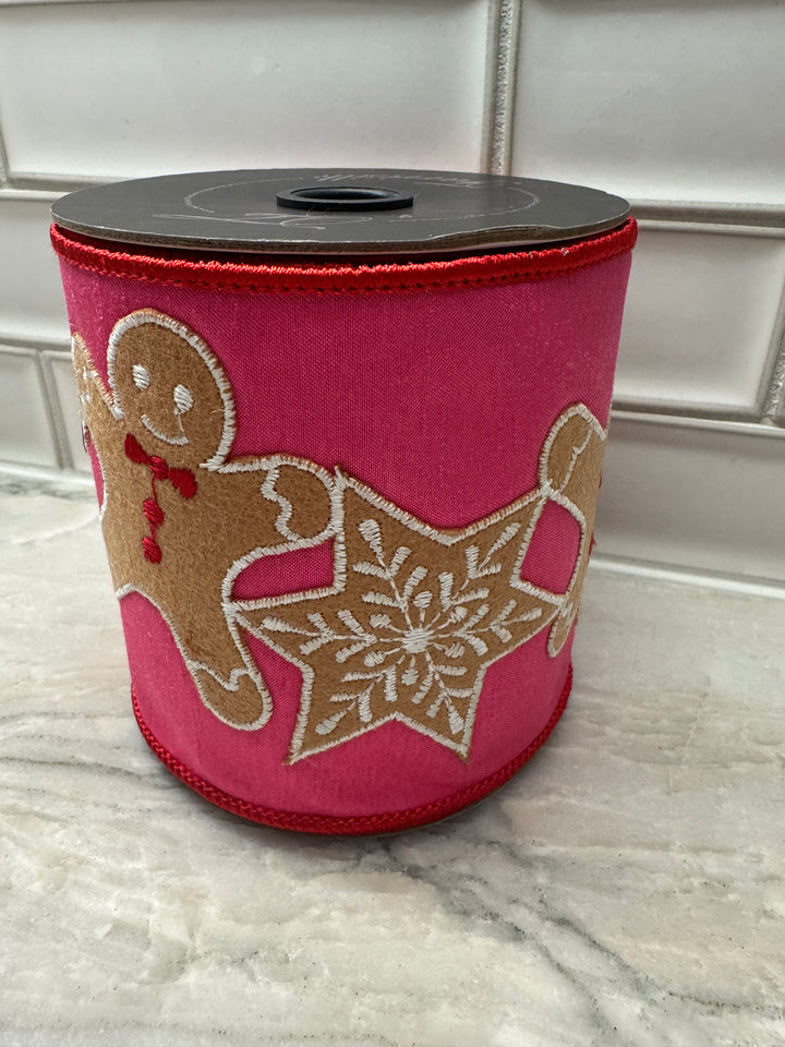 DC Exclusive - Farrisilk 4" x 5 YD Happy Cookies Embroidered Gingerbread Wired Ribbon in Hot Pink and Red edge and back