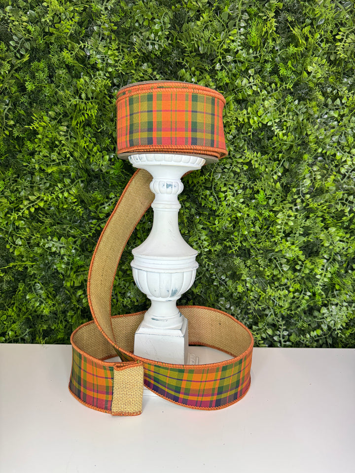 d. stevens 2.5" x 10 yd Autumn Plaid in Orange and Green with Burlap Back Wired Ribbon