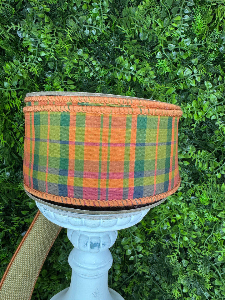 d. stevens 2.5" x 10 yd Autumn Plaid in Orange and Green with Burlap Back Wired Ribbon