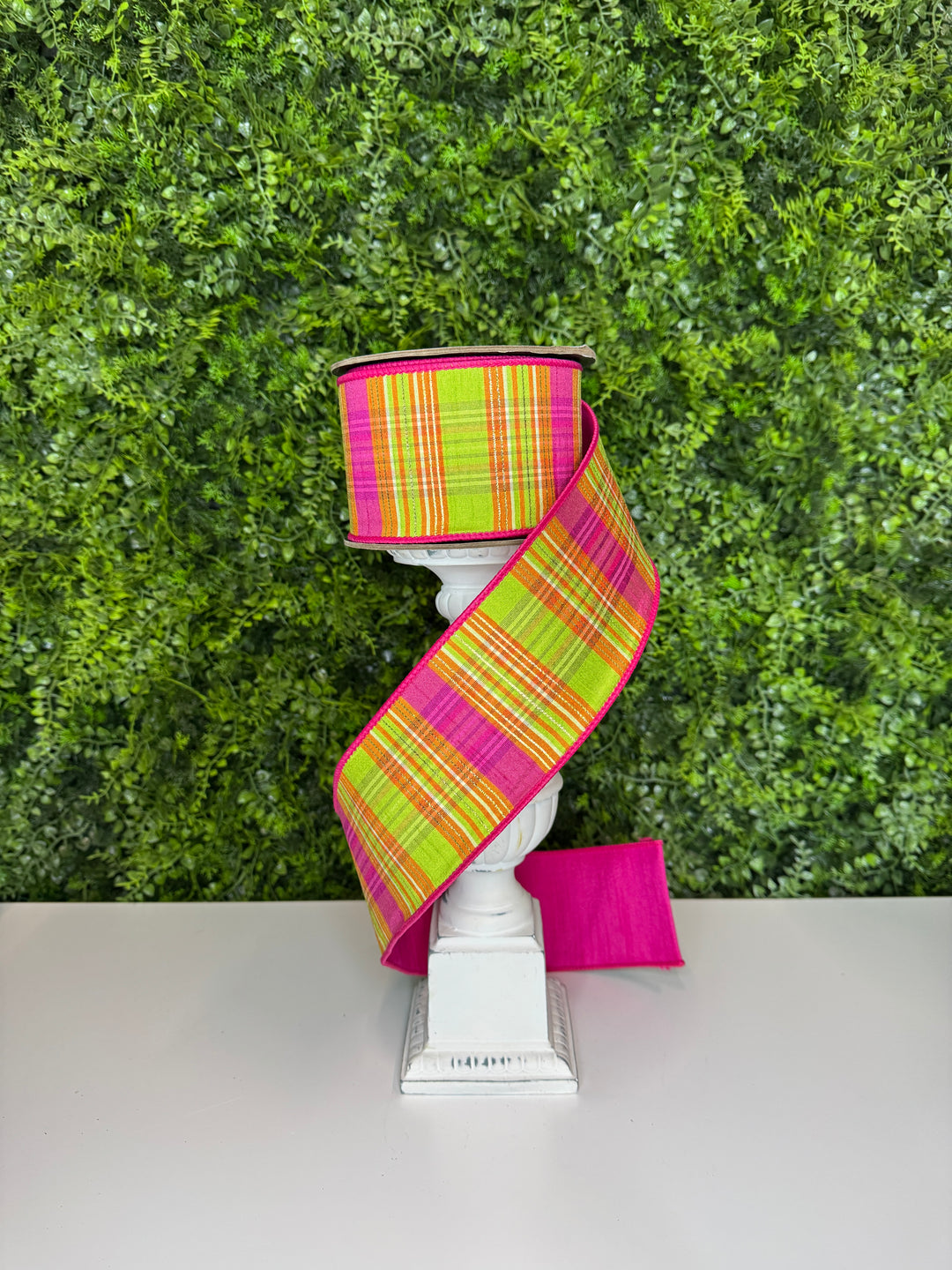 d. stevens 3" x 10 yd Dupion Gold Lurex Plaid Wire Ribbon in Hot Pink, Lime and Orange