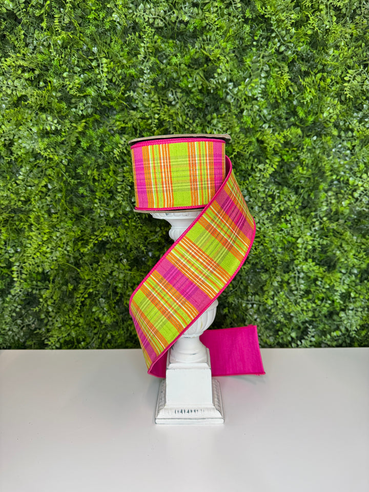 d. stevens 3" x 10 yd Dupion Gold Lurex Plaid Wire Ribbon in Hot Pink, Lime and Orange