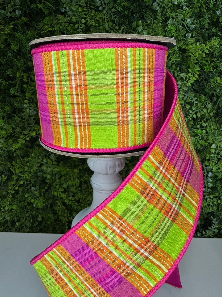 d. stevens 3" x 10 yd Dupion Gold Lurex Plaid Wire Ribbon in Hot Pink, Lime and Orange