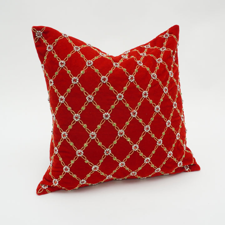 Farrisilk 18"x 18" Red Velvet Floral Jewel Pillow