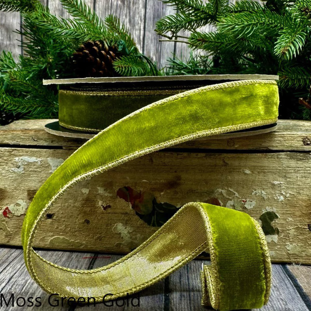 d. stevens 1 inch lush moss green velvet wired ribbon with champagne gold backing for bows, wreaths, Christmas trees and luxury décor.