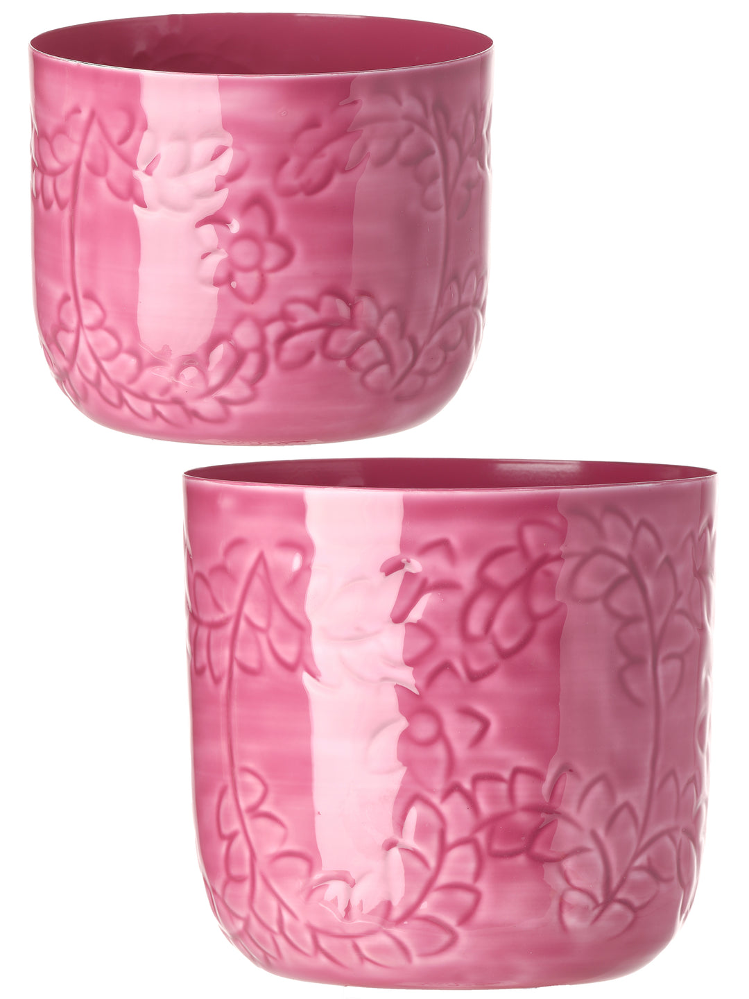 (2) Regency Pink Metal Enamel Floral Planter Set of 2