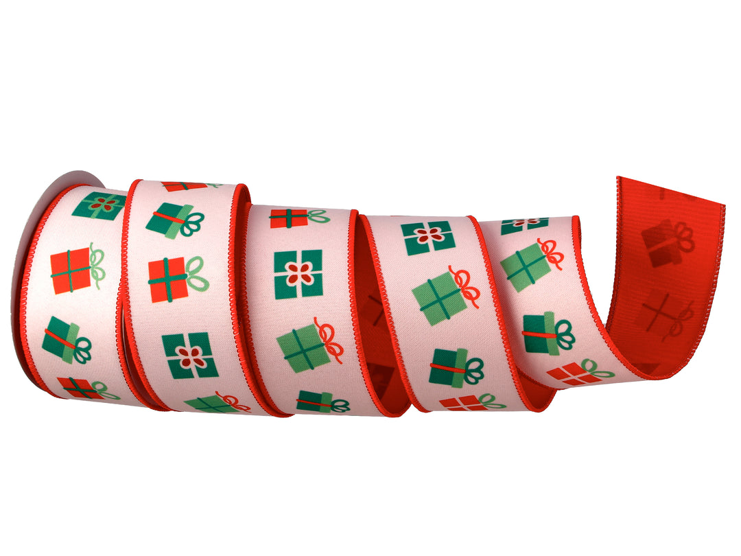 Regency 2.5" x 10 YD Christmas Playful Package Wired Ribbon in Red, Green and White