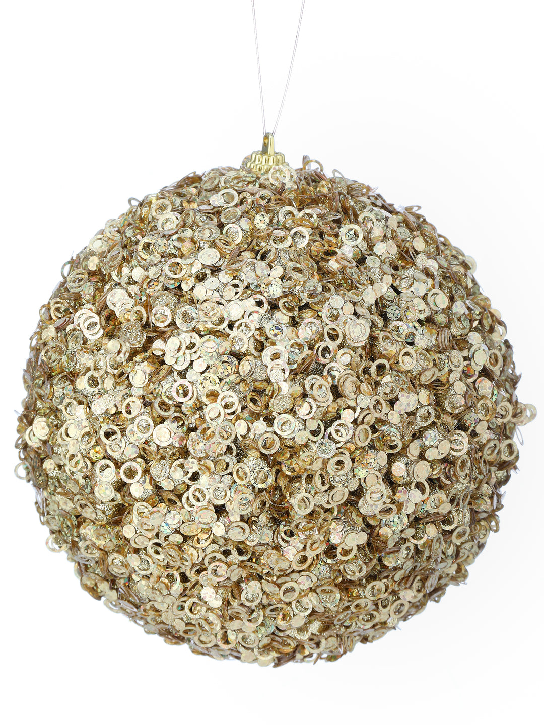 Regency 5.5 inch Gold Glamour Sequin Ball Ornament with dimensional shimmering sequins for Christmas trees, wreaths and elegant holiday décor.