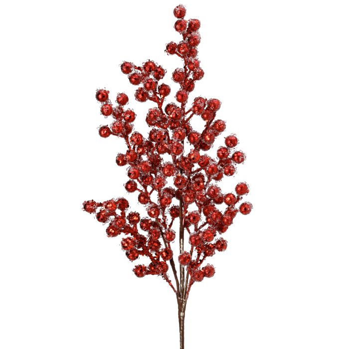 Regency 27 inch Red Beaded Iced Berry Spray with sparkling red berry clusters for Christmas trees, wreaths, floral arrangements and Valentine’s décor.
