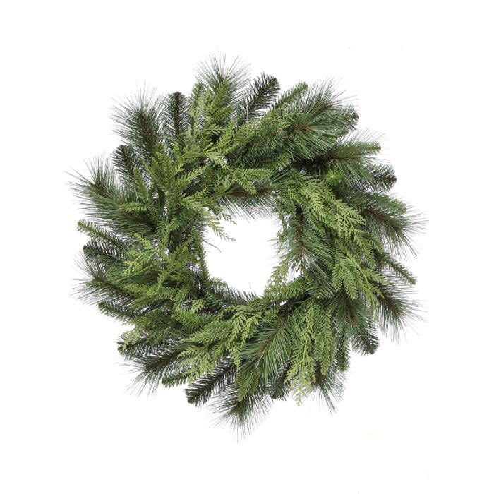 Regency 24 inch UV Bristle Pine Natural Touch Evergreen Wreath with realistic mixed pine and evergreen foliage for Christmas and seasonal decorating.