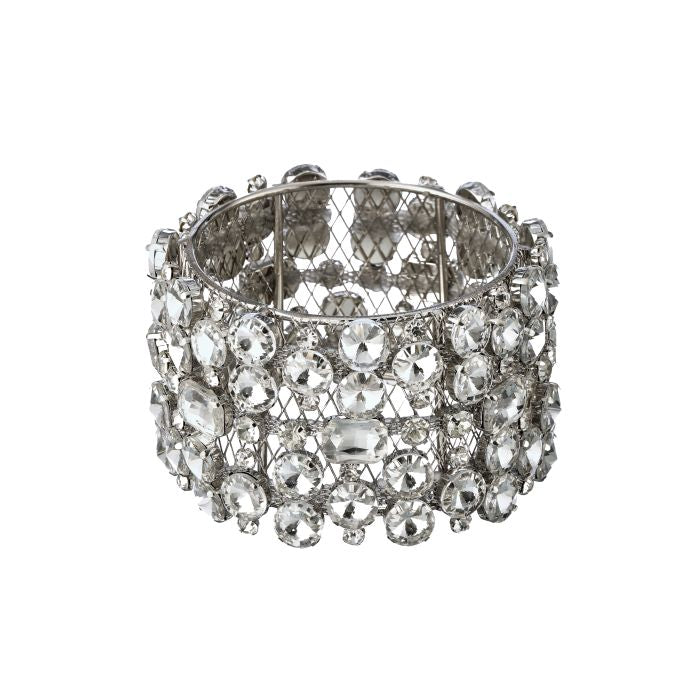 Regency 3.25 inch clear and silver faux diamond jeweled cuff for designer bow centers, wreaths, Christmas décor and special-event decorating.