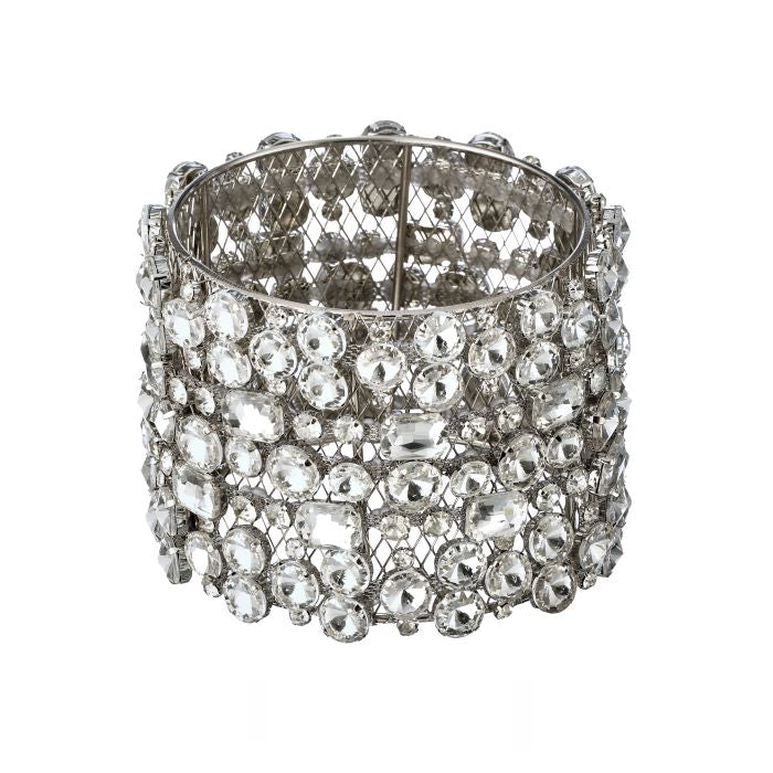 Regency 4.25 inch clear and silver faux diamond jeweled cuff for oversized designer bow centers, wreaths, Christmas trees and elegant holiday décor.