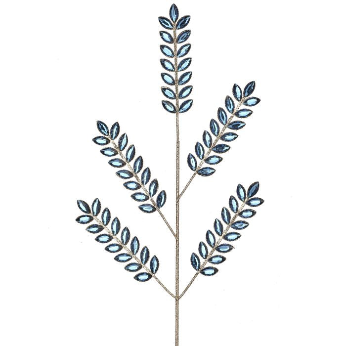 Regency 22.5 inch champagne gold decorative spray with blue marquise jewels and branching leaf design for Christmas, Fall and seasonal décor.