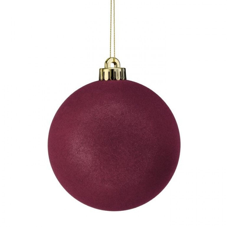 Regency 120 MM burgundy red flocked ball ornaments set of 3 with velvet-like finish for Christmas trees, wreaths, Fall and Valentine’s Day décor.
