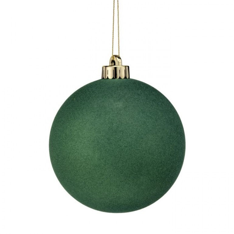 Regency 120 MM green flocked ball ornament set of 3 with soft velvet-like finish for Christmas trees, wreaths, Fall and elegant holiday décor.