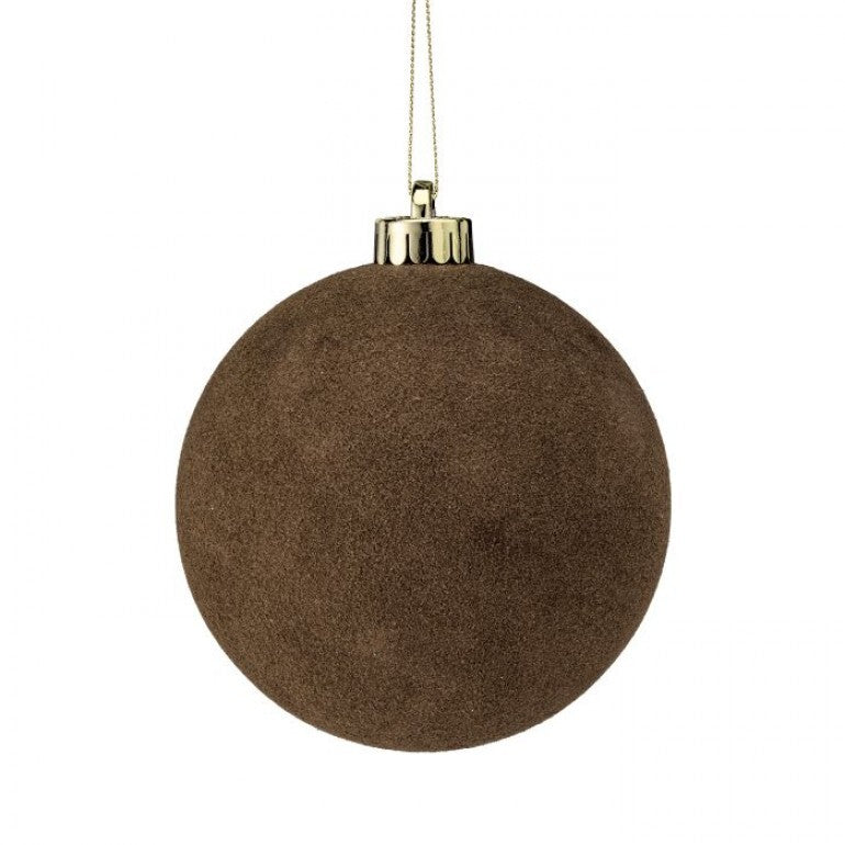 Regency 120 MM mocha brown flocked ball ornament set of 3 with velvet-like finish for Christmas trees, wreaths, Fall and seasonal décor.
