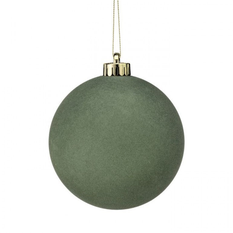 Regency 120 MM moss green flocked ball ornament set of 3 with velvet-like finish for Christmas trees, wreaths, Fall and elegant seasonal décor.